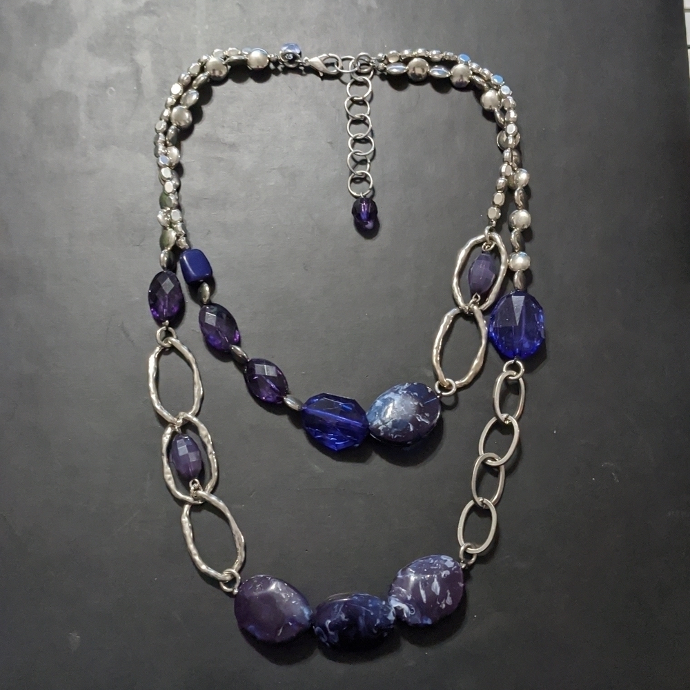 Silver Tone Blue Swirl and Purple Crystal Layered Statement Necklace